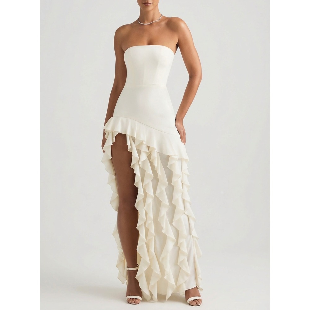 Oh Polly Ivory Ruffle Strapless High Low Maxi Dress Cream Wedding Guest US 10